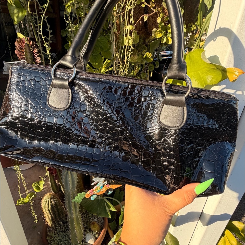 Elegant Black Crocodile-Embossed Handbag